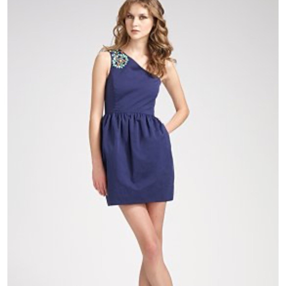 SHOSHANNA Designer Blue Asymmetrical 1 Shoulder Beaded‎ Mini Cocktail Dress Sz 2